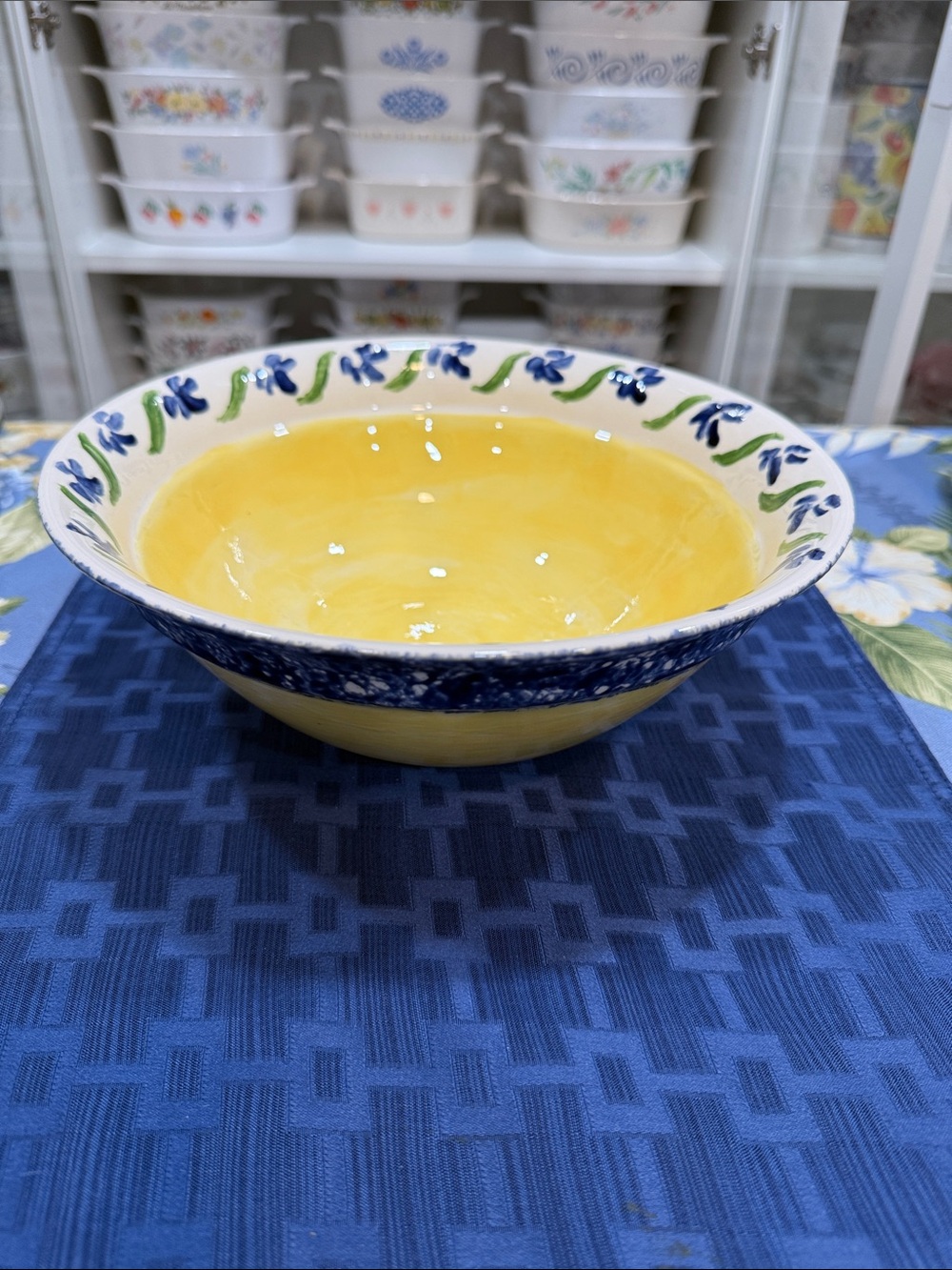 Yellow Ceramic Serving Bowl with Blue Floral Rim -